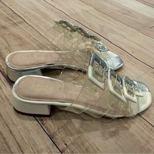 CECELIA New York women’s Lincoln Silver Slide Sandals with Clear Straps/size 6